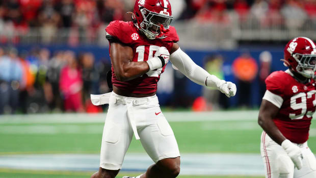 Dec 2, 2023; Atlanta, GA, USA; Alabama Crimson Tide linebacker Dallas Turner (15) celebrates after a sack in the second quarter against the Georgia Bulldogs in the SEC Championship at Mercedes-Benz Stadium.